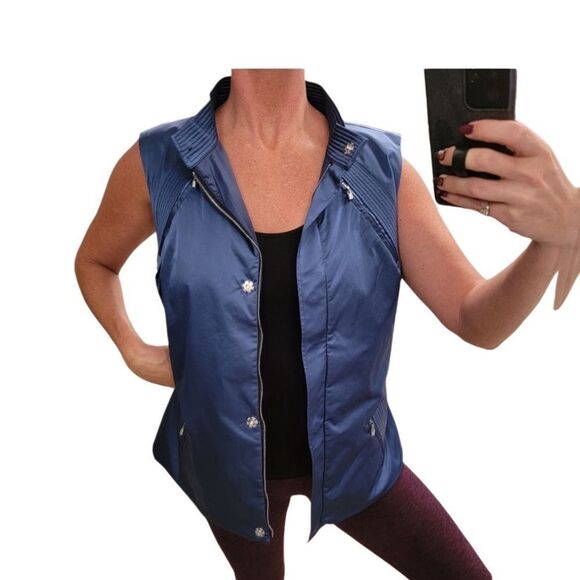 St. John Sport Sateen Nylon Full Zip sleeveless vest relaxed 12 Navy Blue Large - Picture 5 of 15